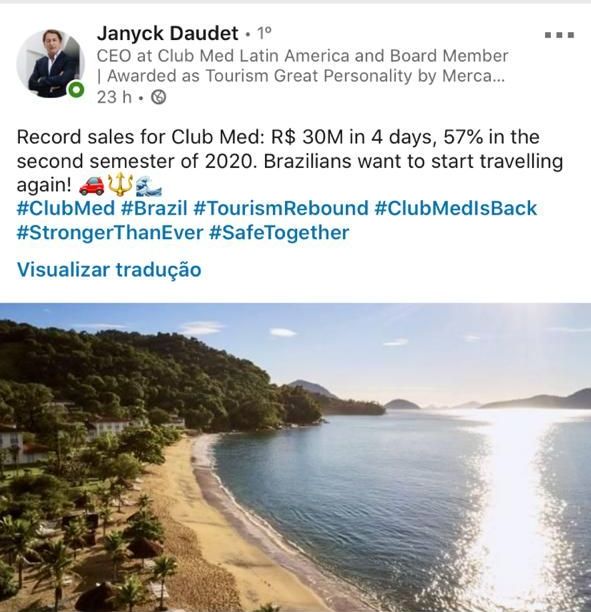 Club Med - campanha reabertura_ post Janyck LinkedIn